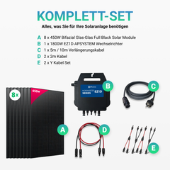 Balkonkraftwerk 8 x 450W Ja Solar / Golden Solar Bifacial Glas PV Modul Full Black + 1800W EZ1D Apsystem Wechselrichter