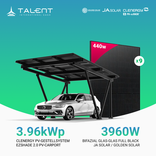 Clenergy PV-Gestellsystem ezShade 2.0 PV-Carport Einzelcarport + 9 x 440W Ja Solar / Golden Solar Bifacial Glas PV Modul Full Black