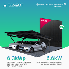 Clenergy PV-Gestellsystem ezShade 2.0 PV-Carport Dual Carport + 15 x 440W Ja Solar / Golden Solar Bifacial Glas PV Modul Full Black