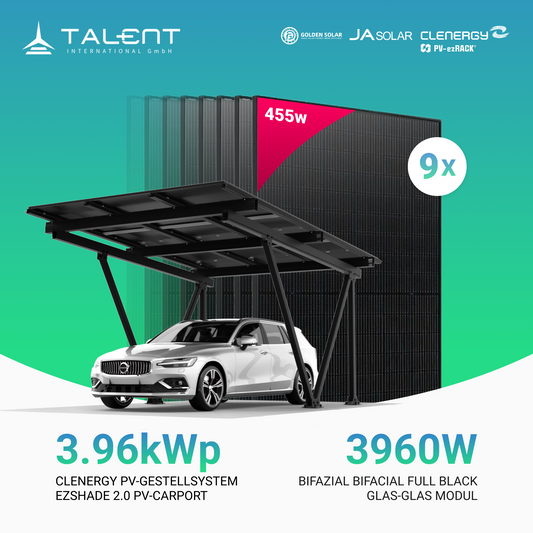 Solarcarport Einzel Clenergy PV-Gestellsystem ezShade 2.0 inkl. 9x 455W Bifazial Full Black Module