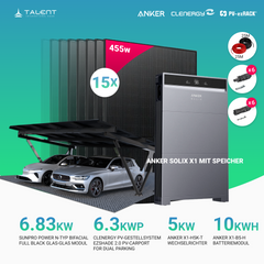Dual Solarcarport Clenergy PV-Gestellsystem ezShade 2.0 inkl. 15x 455W Bifazial Full Black Solar Module & Anker SOLIX X1-H5K-T 5kW Wechselrichter mit Speicheroption