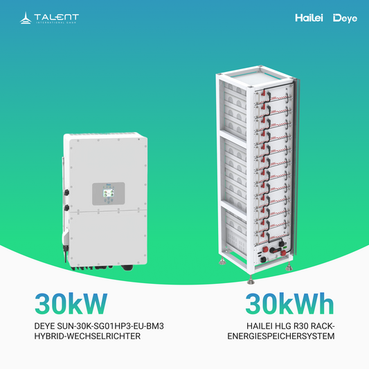 Deye 30kW SUN-30K-SG01HP3-EU-BM3 Hybrid-Wechselrichter mit Hailei 30kWh HLG R30 Rack-Energiespeichersystem