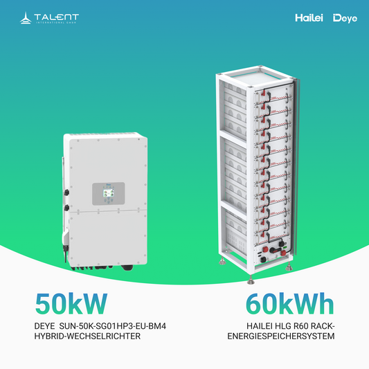 DEYE 50KW SUN-50K-SG01HP3-EU-BM4 Hybrid-Wechselrichter mit Hailei 60kWh HLG R60 Rack-Energiespeichersystem