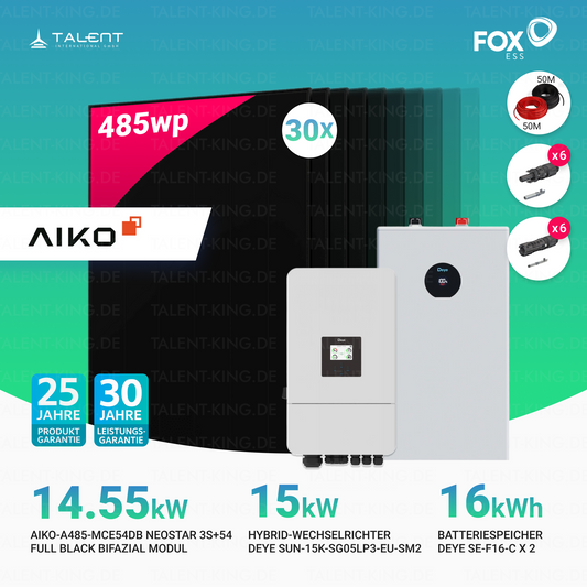 PV Komplettset 14 kWp - 30 × 485W AIKO Full Black & Deye 15 kW Wechselrichter SUN-15K-SG05LP3-EU-SM2 mit Deye SE-F16-C 16 kWh Batteriespeicher