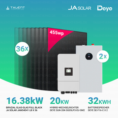 PV Komplettset 16,38 kWp - 36 × JA Solar 455W Bifazial Full Black & Deye 20kW Hybrid-Wechselrichter SUN-20K-SG05LP3-EU-SM2 mit SE-F16-C Batteriespeicher (16 kWh / 32 kWh)
