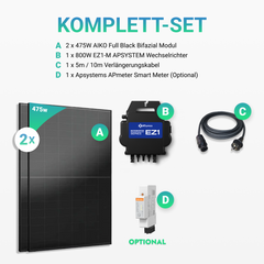 950W Balkonkraftwerk - 2× AIKO 475W Full Black + 800W EZ1-M Apsystem Wechselrichter (Optional mit APmeter Smart Meter)