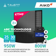 950W Balkonkraftwerk - 2× AIKO 475W Full Black + 800W EZ1-M Apsystem Wechselrichter (Optional mit APmeter Smart Meter)