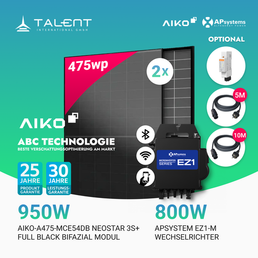 950W Balkonkraftwerk - 2× AIKO 475W Full Black + 800W EZ1-M Apsystem Wechselrichter (Optional mit APmeter Smart Meter)