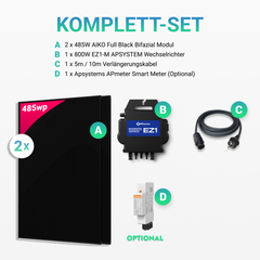 970W Balkonkraftwerk - 2× AIKO 485W Full Black + 800W EZ1-M Apsystem Wechselrichter (Optional mit APmeter Smart Meter)