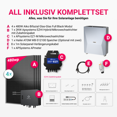 APsystems EZHI + EZ1M Set: Insel- & Hybrid-System + 5 kWh / 10 kWh Speicher + 1920W (4×480W) Aiko Bifacial Glas Full Black Modulen + AC Leistung 2800W
