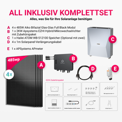 APsystems EZHI Balkonkraftwerk – Insel- & Hybrid-System mit 5kWh / 10kwh Speicher + 1940W (4×485W) Aiko Bifacial Glas Full Black Modul, AC2000W