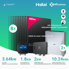 APsystems EZHI + EZ1M Set: Insel- & Hybrid-System + 5 kWh / 10 kWh Speicher + 3640W (8 × 455W) Bifacial Glas-Glas Full Black PV Modul + AC Leistung 3800W