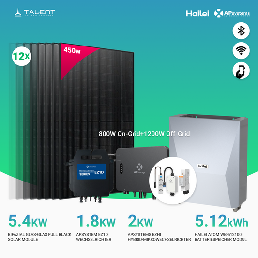 APsystems EZHI + EZ1D Set – Hybrid & Insel-System mit 5 kWh / 10 kWh Speicher + 5400W (12 x 450W) Bifazial Full Black PV Modulen, AC 2800W