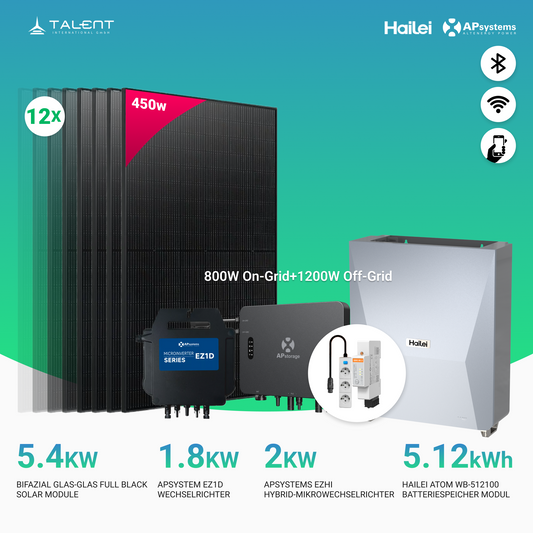 APsystems EZHI + EZ1D Set – Hybrid & Insel-System mit 5 kWh / 10 kWh Speicher + 5400W (12 x 450W) Bifazial Full Black PV Modulen, AC 2800W