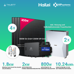 APsystems EZHI + EZ1M Set: Insel- & Hybrid-System + 5 kWh / 10 kWh Speicher + 1800W (4 × 450W) Bifacial Glas Full Black Modulen + AC Leistung 2800W