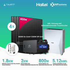 APsystems EZHI + EZ1M Set: Insel- & Hybrid-System + 5 kWh / 10 kWh Speicher + 1800W (4 × 450W) Bifacial Glas Full Black Modulen + AC Leistung 2800W