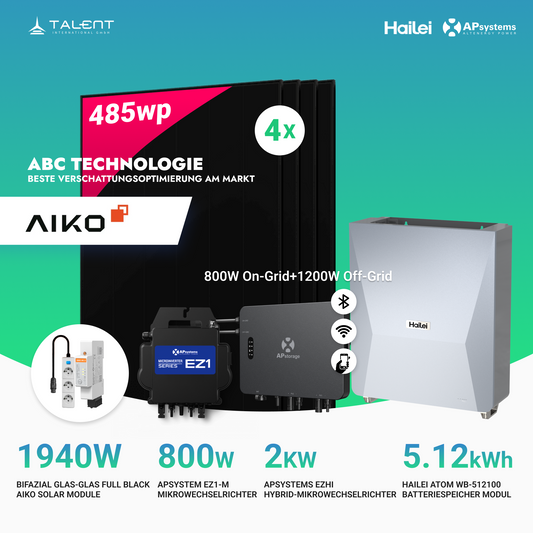 APsystems EZHI + EZ1M Set: Insel- & Hybrid-System + 5 kWh / 10 kWh Speicher + 1940W (4×485W) Aiko Bifacial Glas Full Black Modulen + AC Leistung 2800W