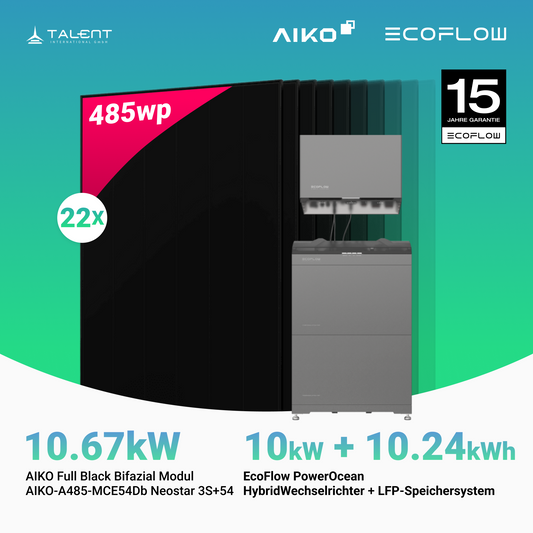 PV Komplettset 10,67 kWp - 22 × 485W Aiko Full Black & EcoFlow PowerOcean 10kW Hybrid Wechselrichter mit 10,24kWh LFP-Speichersystem (inkl. BMS)