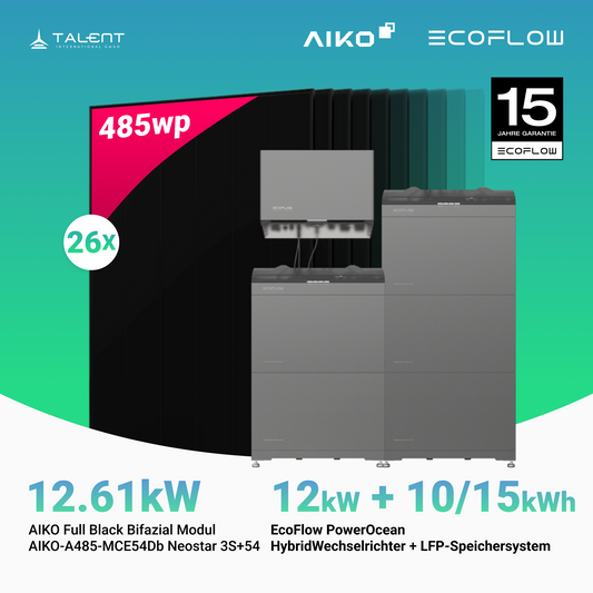 PV Komplettset 12,61 kWp - 26 × 485W Aiko Full Black & EcoFlow PowerOcean 12kW Hybrid Wechselrichter mit 10,24 / 15,36 kWh LFP-Speichersystem (inkl. BMS)