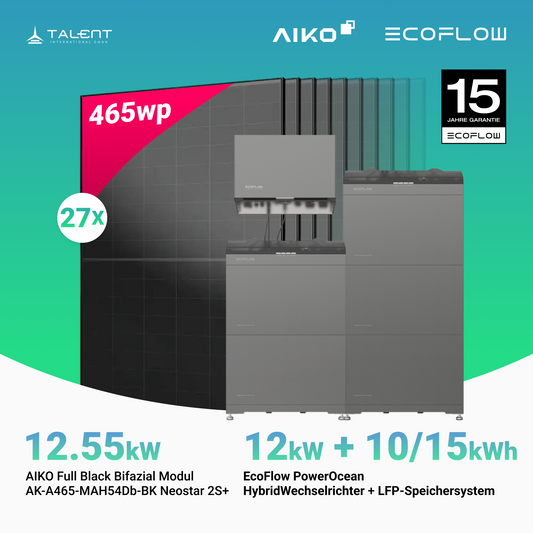 PV Komplettset 12.55 kWp - 27 × 465W Aiko Full Black & EcoFlow PowerOcean 12kW Hybrid Wechselrichter mit 10.24 / 15.36 kWh LFP-Speichersystem (inkl. BMS)