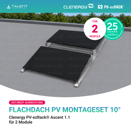 Clenergy PVezRack® Ascent 1.1: Flachdach in Ost/West-Ausrichtung PV Montageset fü 2 Module ( neue ver. 2026 )