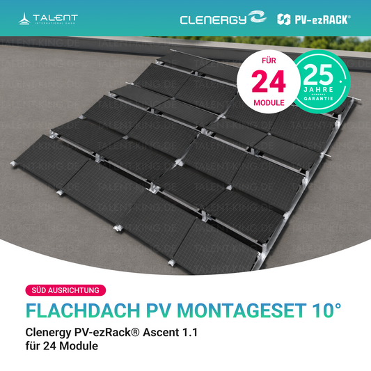 Clenergy PVezRack® Ascent 1.1: Flachdach in Süd-Ausrichtung PV Montageset für 24 Module ( neue ver. 2026 )