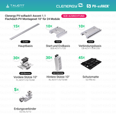 Clenergy PVezRack® Ascent 1.1: Flachdach in Süd-Ausrichtung PV Montageset für 24 Module ( neue ver. 2026 )