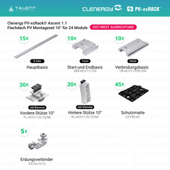 Clenergy PVezRack® Ascent 1.1: Flachdach in Ost/West-Ausrichtung PV Montageset für 24 Module ( neue ver. 2026 )