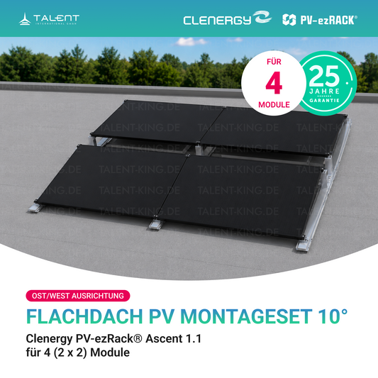 Clenergy PVezRack® Ascent 1.1: Flachdach in Ost/West-Ausrichtung PV Montageset fü 4 (2 x 2) Module ( neue ver. 2026 )