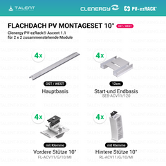 Clenergy PVezRack® Ascent 1.1: Flachdach Ost/West PV Montageset für 4 getrenntstehende Module ( neue ver. 2026 )