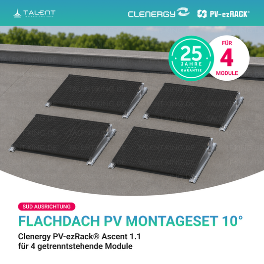 Clenergy PVezRack® Ascent 1.1: Flachdach in Süd-Ausrichtung PV Montageset für 4 getrenntstehende Module ( neue ver. 2026 )