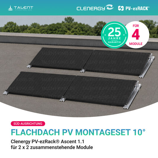 Clenergy PVezRack® Ascent 1.1: Flachdach in Süd-Ausrichtung PV Montageset für 2 x 2 zusammenstehende Module ( neue ver. 2026 )