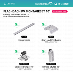 Clenergy PVezRack® Ascent 1.1: Flachdach in Süd-Ausrichtung PV Montageset für 4 zusammenstehende Module ( neue ver. 2026 )