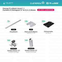Clenergy PVezRack® Ascent 1.1: Flachdach in Ost/West-Ausrichtung PV Montageset fü 8 (4 x 2) Module ( neue ver. 2026 )