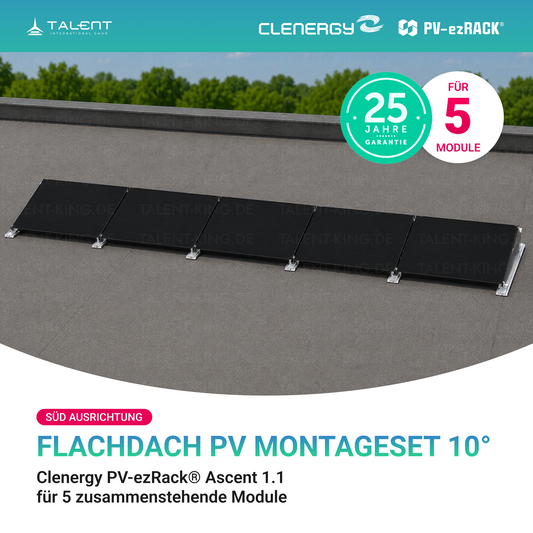 Clenergy PVezRack® Ascent 1.1: Flachdach in Süd-Ausrichtung PV Montageset für 5 zusammenstehende Module ( neue ver. 2026 )