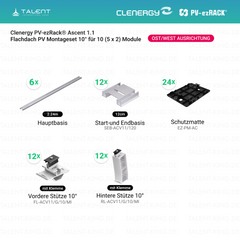 Clenergy PVezRack® Ascent 1.1: Flachdach in Ost/West-Ausrichtung PV Montageset fü 10 (5 x 2) Module ( neue ver. 2026 )