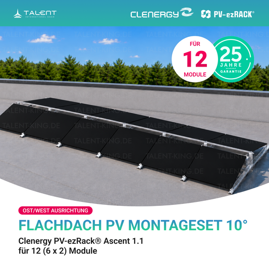 Clenergy PVezRack® Ascent 1.1: Flachdach in Ost/West-Ausrichtung PV Montageset fü 12 (6 x 2) Module ( neue ver. 2026 )