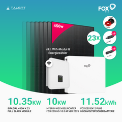 PV Komplettset 10 kWp - 23 x 450W Bifacial Full Black Module & Fox ESS H3-10.0-M ver.2025 10kW Hybridwechselrichter mit EK11 10kWh Speicher und Unterkonstruktion