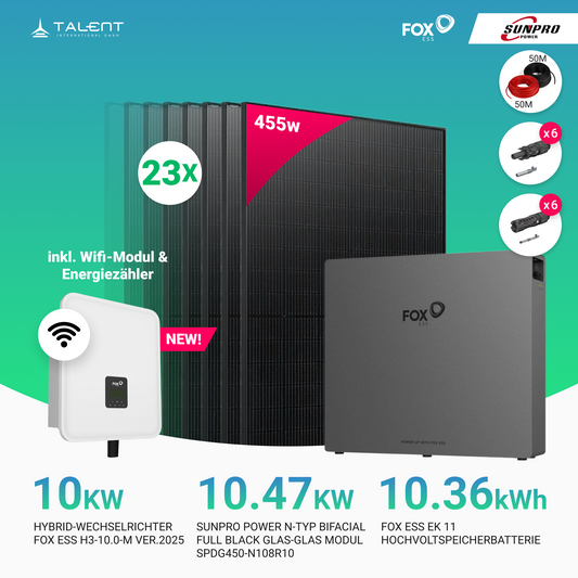 10 kWp Fox ESS PV-Anlage - 23 × SunPro Power 455W N-Typ Bifacial Full Black Glas-Glas Module + 10 kWh /20 kWh EK11 Speicher inkl. Smart Meter – Notstromfähig