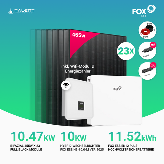 10kWp Fox ESS PV-Anlage - 23 × 455W Bifacial Full Black Glas-Glas Module + 11 kWh /20 kWh EK12 Speicher inkl. Smart Meter – Notstromfähig