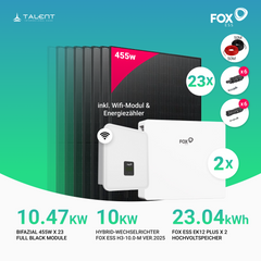 10kWp Fox ESS PV-Anlage - 23 × 455W Bifacial Full Black Glas-Glas Module + 11 kWh /20 kWh EK12 Speicher inkl. Smart Meter – Notstromfähig