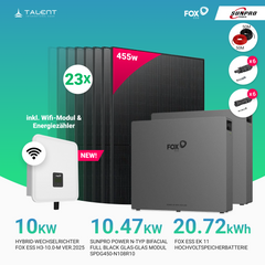 10 kWp Fox ESS PV-Anlage - 23 × SunPro Power 455W N-Typ Bifacial Full Black Glas-Glas Module + 10 kWh /20 kWh EK11 Speicher inkl. Smart Meter – Notstromfähig