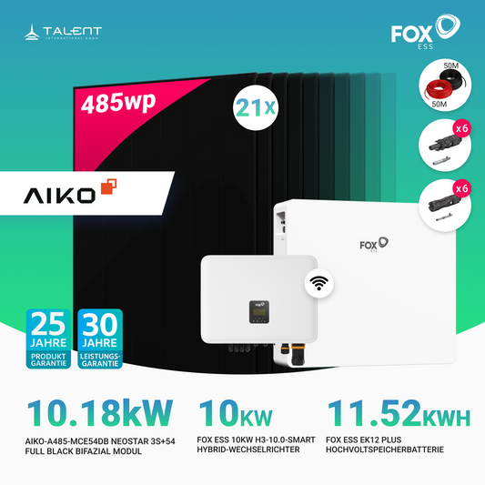 PV Komplettset 10,185 kWp - 21 × 485W Aiko Full Black & Fox ESS H3-10.0-Smart 10kW Hybridwechselrichter mit EK12 Hochvoltspeicherbatterie 11,52kWh