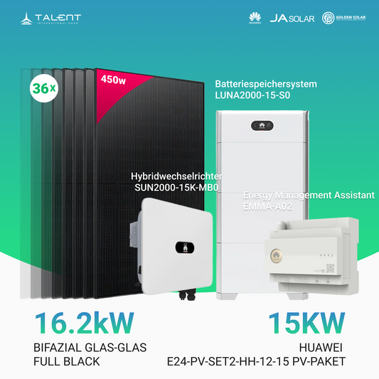 Huawei E24-PV-SET2-HH-12-15 PV-Paket Wechselrichter 12kW + Speichersystem 15kWh + Energy Management Assistant EMMA-A02 + 16kW Bifaziales Solar Modul (Option: mit Unterkonstruktion Schrägdach Set)