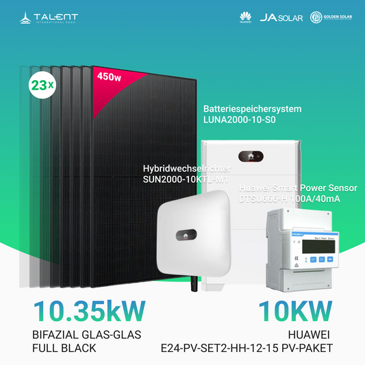 Huawei E24-PV-SET2-HH-10-10 PV-Paket Wechselrichter 10 kW + Speichersystem 10 kWh + Smart meter + 10kW Bifaziales Solar Modul (Option: mit Unterkonstruktion Schrägdach Set)