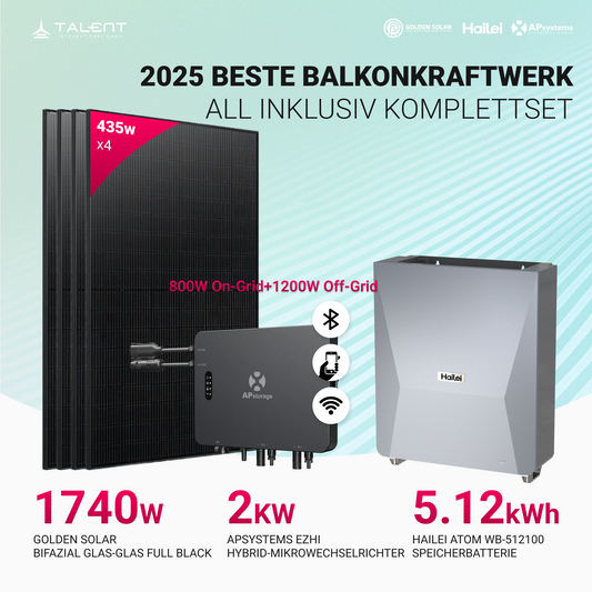 APsystems EZHI Balkonkraftwerk 2025 – Hybrid & Insel-System mit 5kWh / 10kWh Speicher + 1740W  (4×435W) Bifazial Full Black Golden Solar Modulen, AC2000W