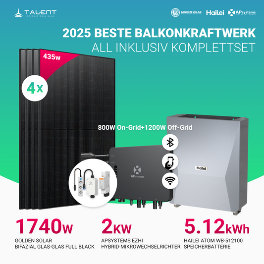 APsystems EZHI Balkonkraftwerk 2025 – Hybrid & Insel-System mit 5kWh / 10kWh Speicher + 1740W (4×435W) Bifazial Full Black Golden Solar Modulen, AC2000W