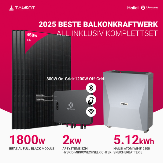APsystems EZHI Balkonkraftwerk 2025 – Hybrid & Insel-System mit 5 kWh / 10kWh Speicher + 1800W (4 x 450W) Bifazial Full Black PV Modulen, AC 2000W