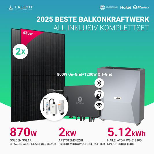 APsystems EZHI Balkonkraftwerk 2025 – Insel- & Hybrid-System mit 5kWh / 10kwh Speicher + 870W (2×435W) Bifazial Full Black Golden Solar Modulen, AC2000W