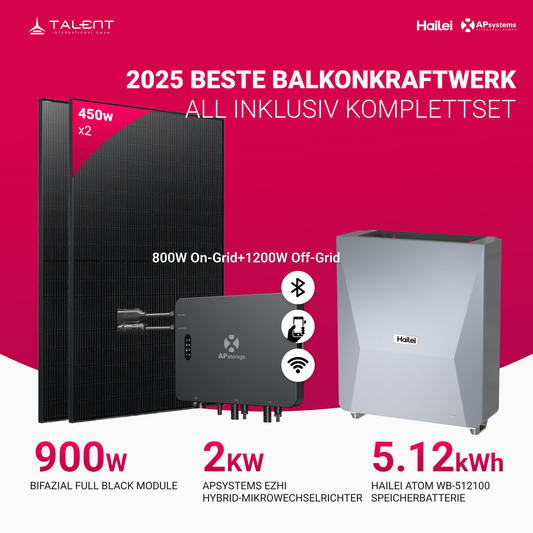 APsystems EZHI Balkonkraftwerk 2025 – Hybrid & Insel-System mit 5kWh / 10kWh Speicher + 900W (2×450W) Bifazial Full Black PV Modulen, AC 2000W